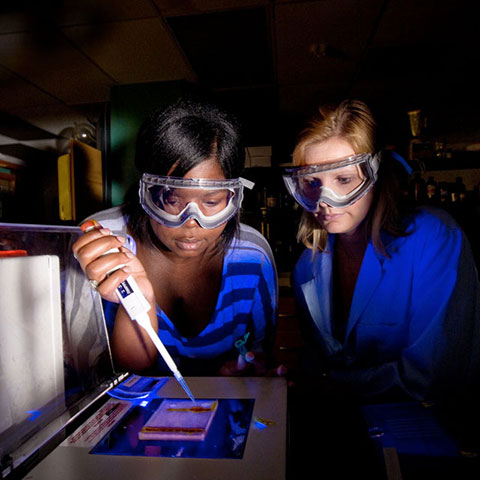 chemistry student working with professor