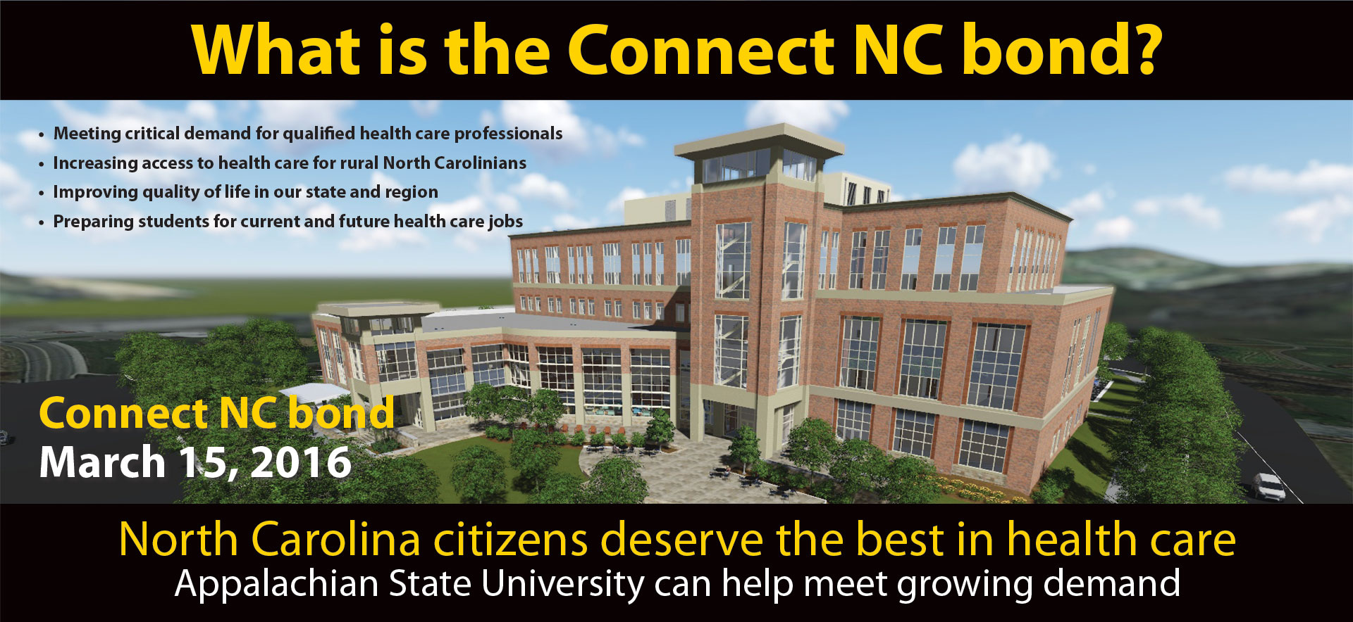What is the Connect NC bond? Meeting critical demand for qualified health care professionals. Applalachian State University can help meet growing demand.