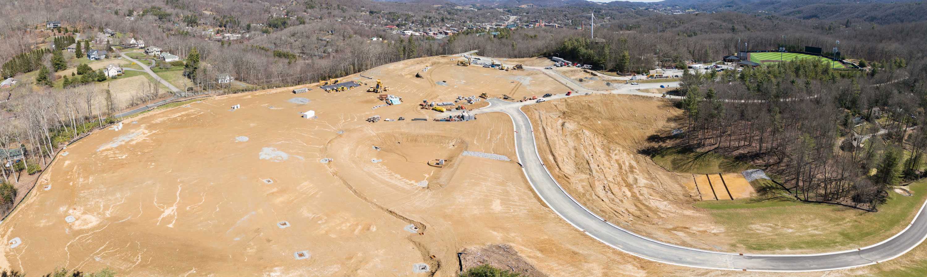 Phase 1 construction progress shown in this panoramic at App State’s Innovation District, as of March 12, 2024
