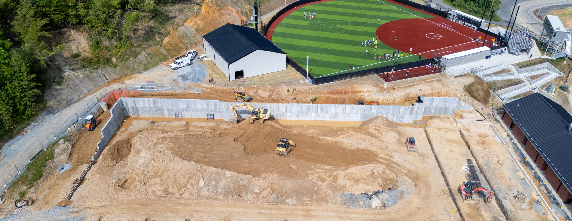 Aerial view of indoor tennis courts construction at App State’s Appalachian 105 site, July 2025.