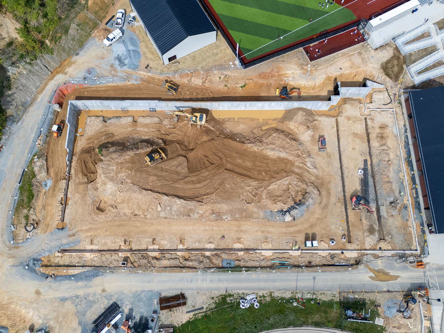 Aerial view of indoor tennis courts construction at App State’s Appalachian 105 site, July 2025