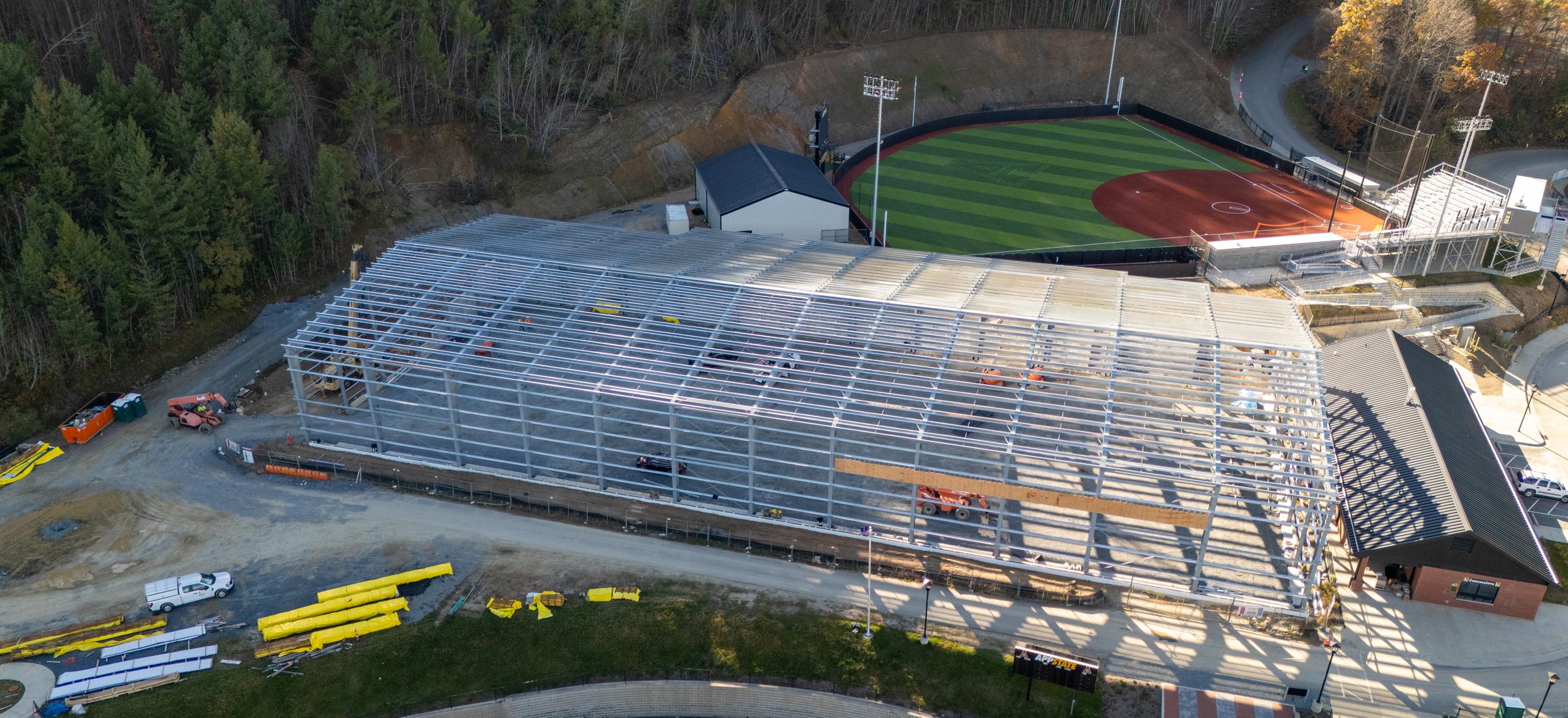 Construction continues for the indoor tennis courts facility at App State’s Appalachian 105 Sports Complex.