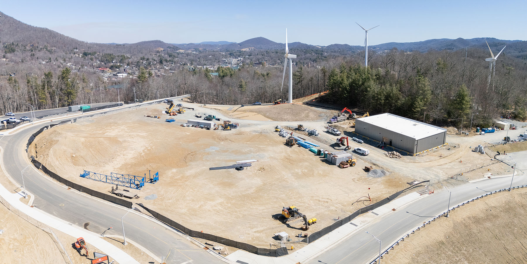 This aerial image shows the wind turbines located at App State's Innovation District