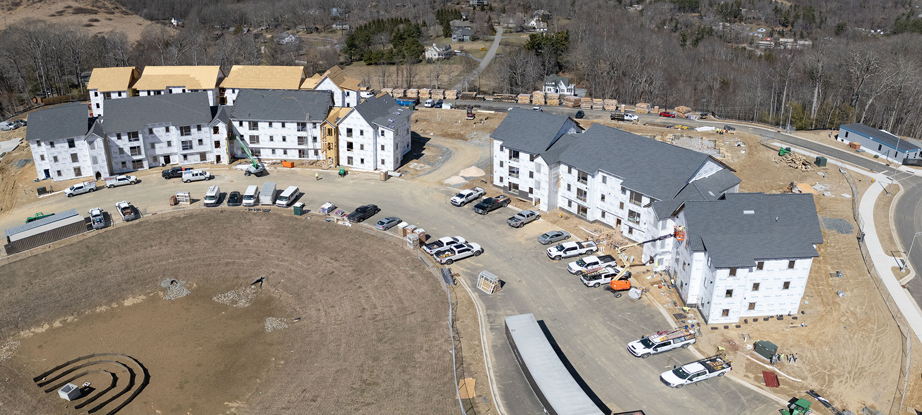 An aerial view of construction progress for the faculty and staff housing facilities