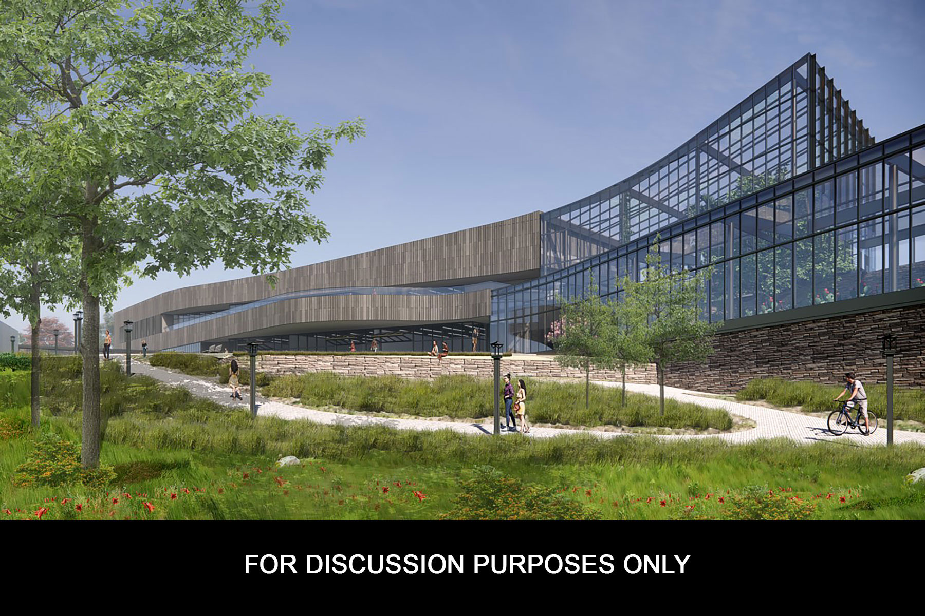 artist’s rendering presents a view of the STEM Academic Building from one of the planned gardens