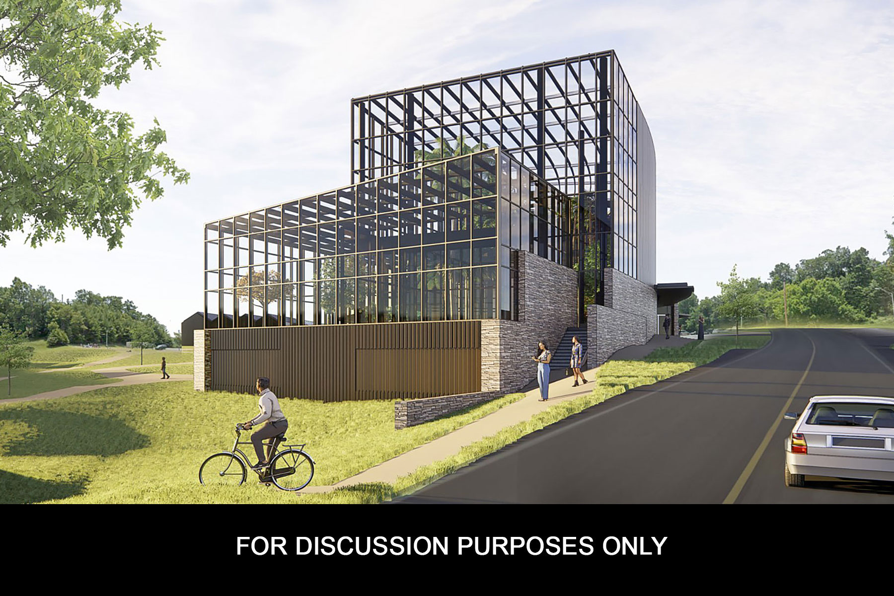 artist’s rendering presents a view of the STEM Academic Building from the entrance of the Innovation District