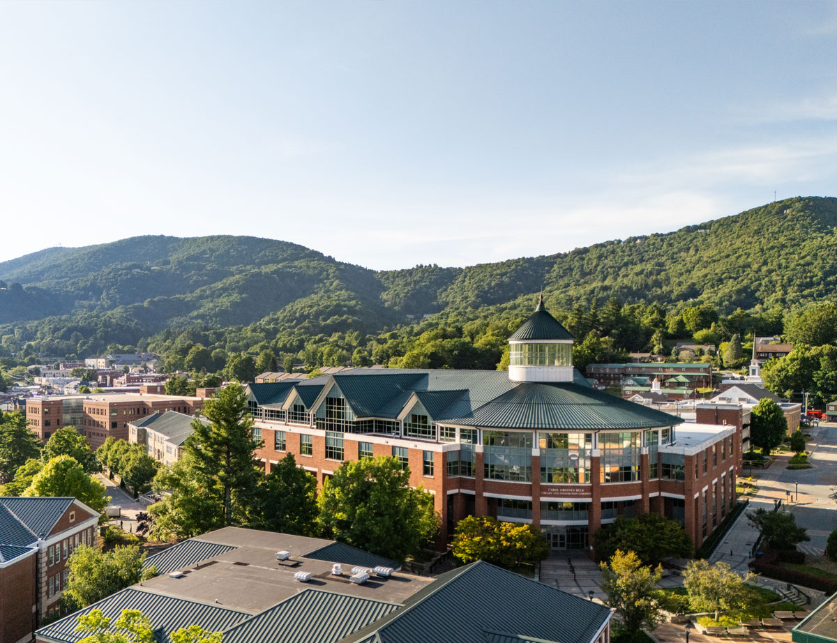 Aerial view of Belk Library & Information Commons at App State on a summer evening.