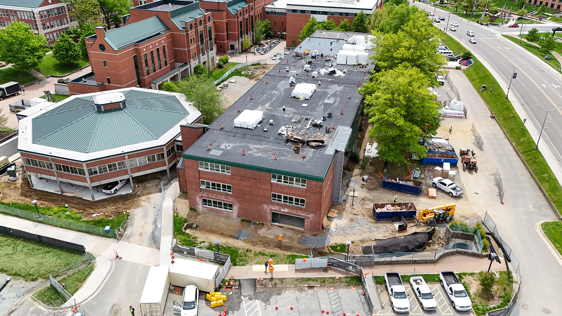 Aerial photo of App State’s Edwin Duncan Hall on May 7, 2025, shows renovation progress and work on the new northwest entrance.