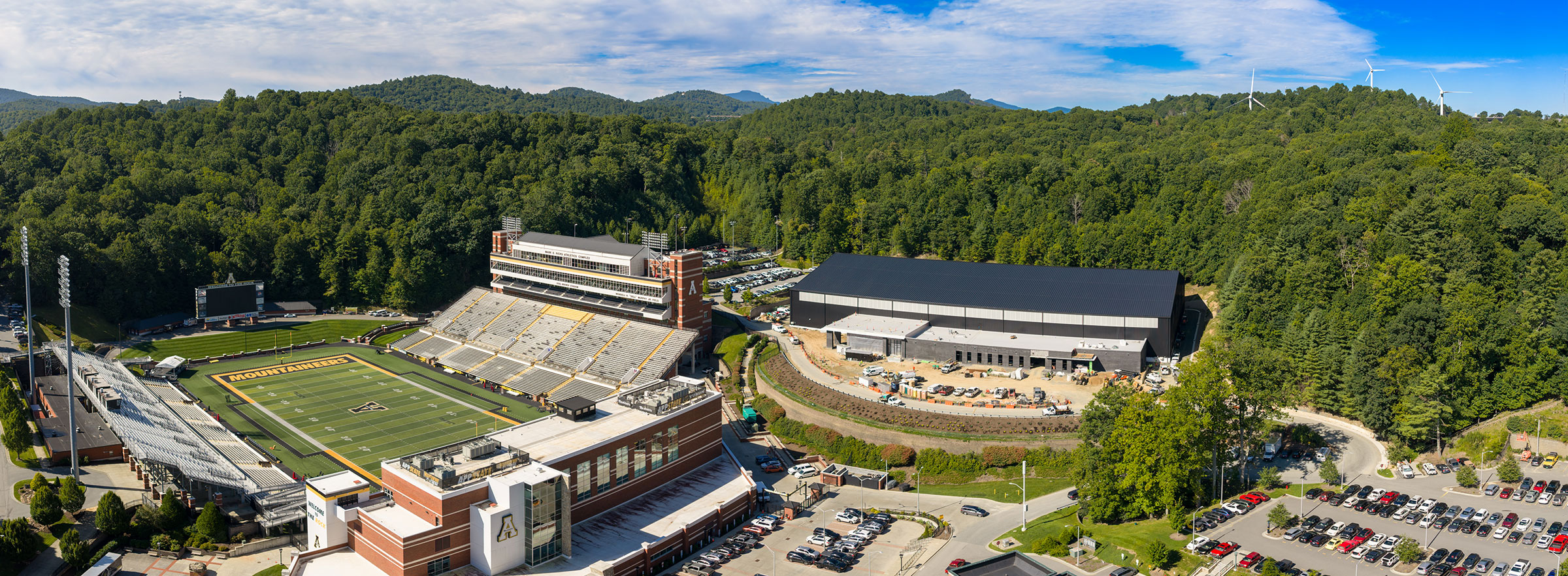 This aerial photo, taken Aug. 26, 2026, shows a panoramic view of the new Sofield Family Indoor Practice Facility.