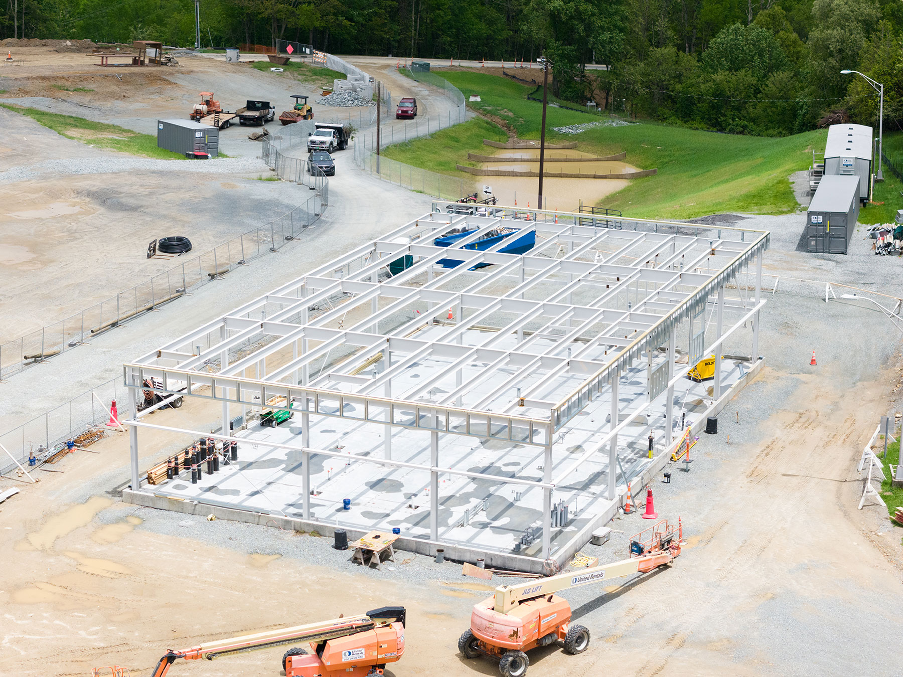 The structural steel frame is in place for the control building for the district’s zero-carbon energy system, as shown in this May, 16, 2024