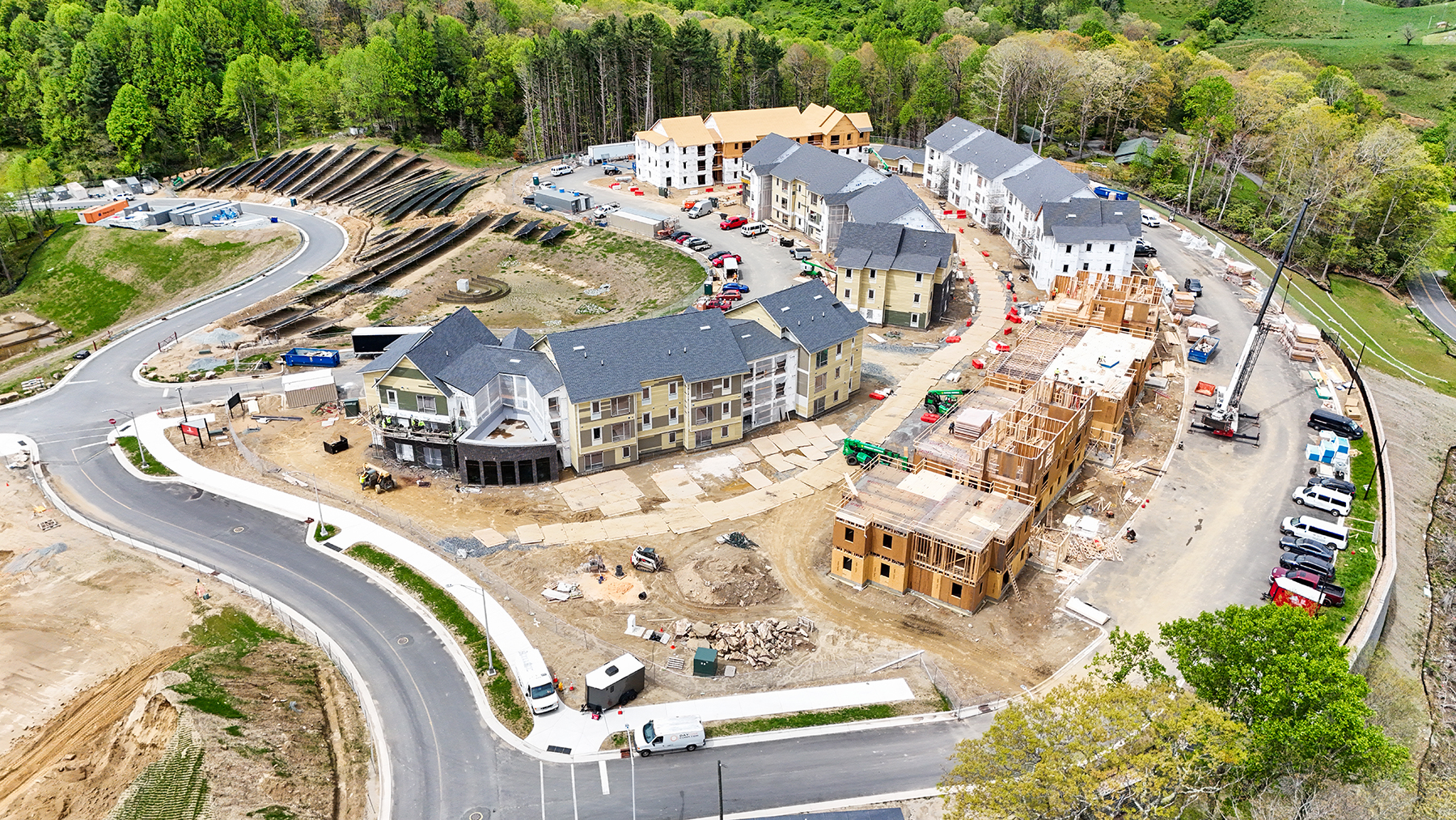 Aerial view of App State’s Innovation District shows housing under construction for fall 2025 move-in.
