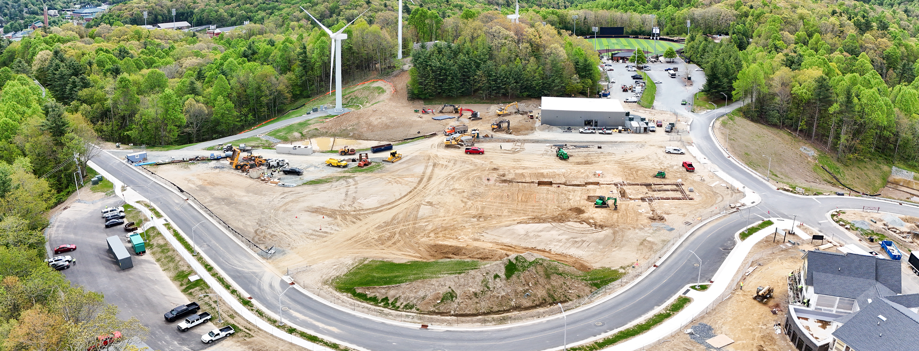 Aerial photo shows foundation work for App State’s STEM Academic Building, taken May 7, 2025.