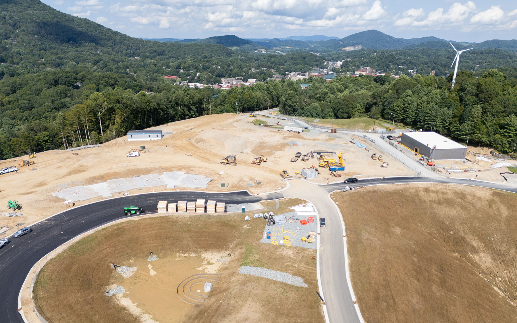 An aerial view of Phase 1 construction progress at App State's Innovation District, as of Aug. 13, 2024