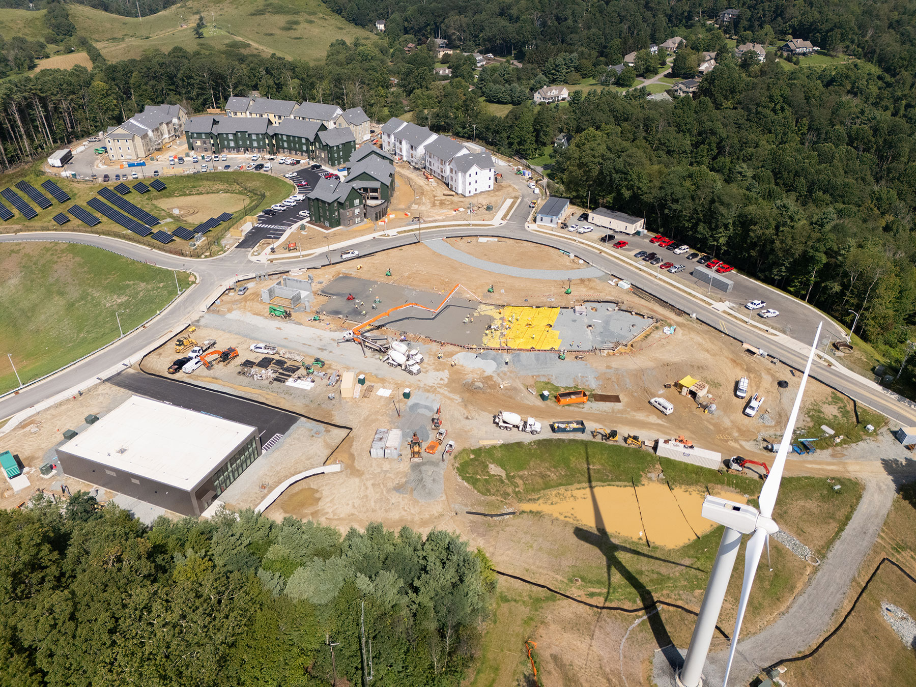 Aerial view of App State’s Innovation District with housing, energy control building, and STEM site.