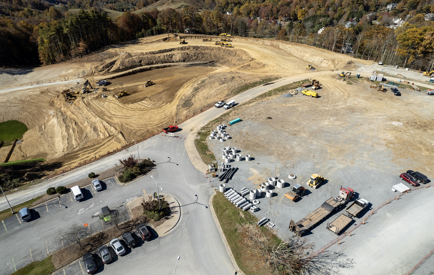 aerial photo shows the construction progress on the first phase of development for App State’s Innovation District.
