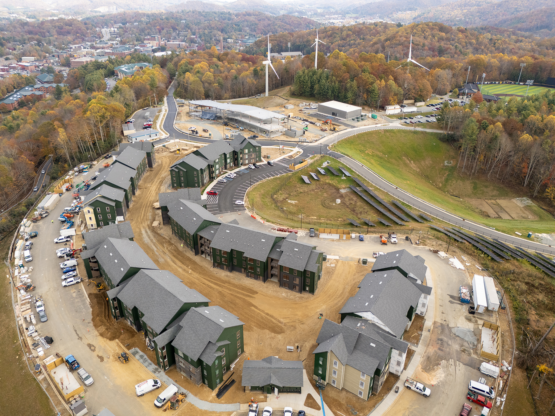 An aerial view of the construction progress for Phase 1 development at App State's Innovation District.