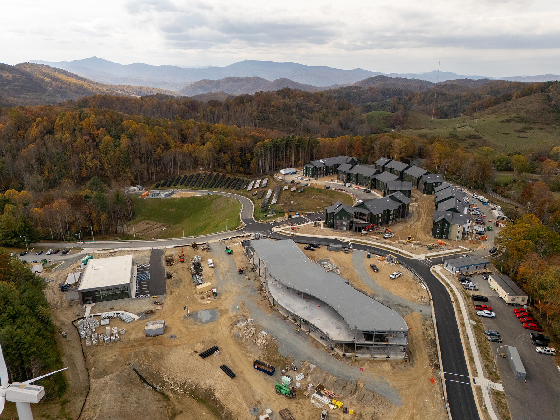 This aerial image shows the construction work underway for the STEM Academic Building and faculty and staff housing.