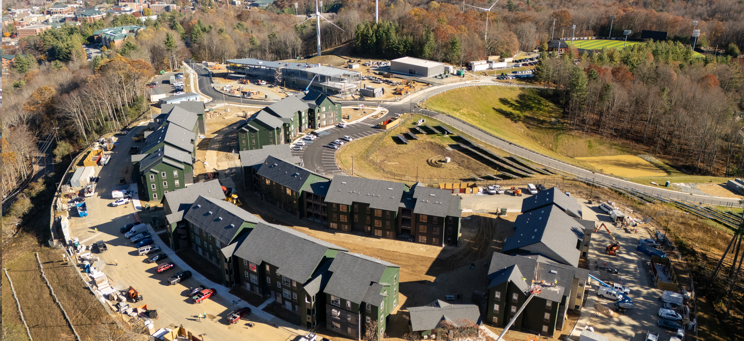 An aerial view of the construction progress for Phase 1 development at App State's Innovation District.