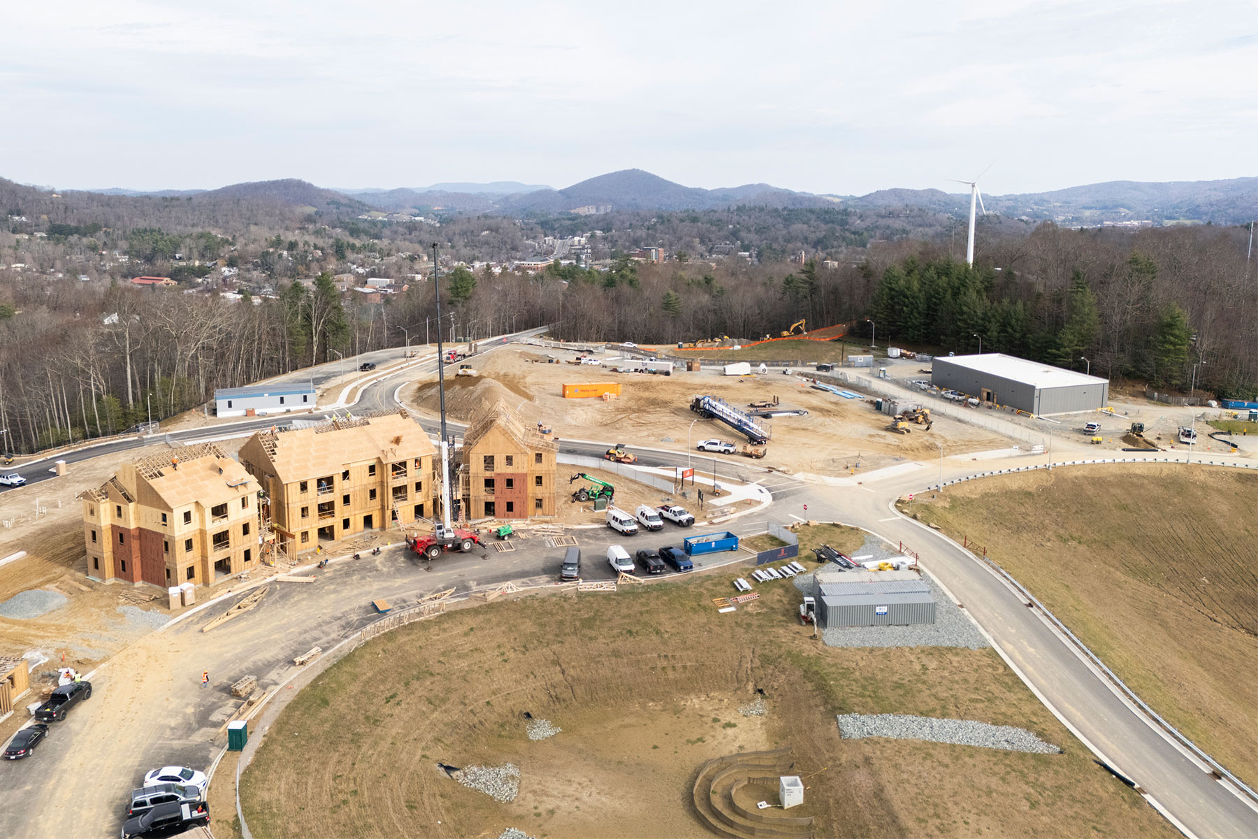 An aerial view of construction progress for the faculty and staff housing facilities at App State’s Innovation District