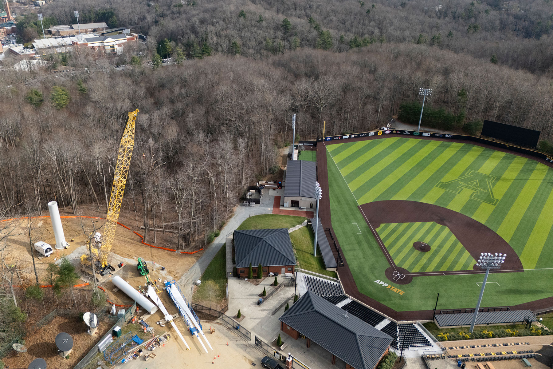 Construction work for one of two new wind turbines at App State’s Innovation District is shown in this aerial image