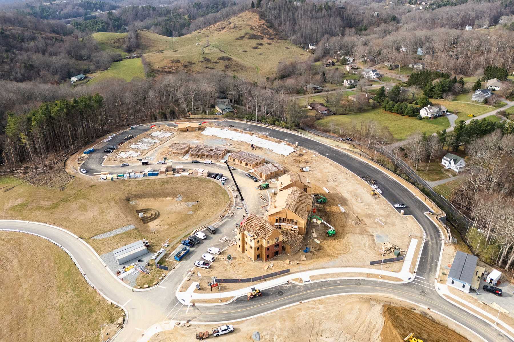 This aerial view shows construction progress for the first development phase at App State’s Innovation District