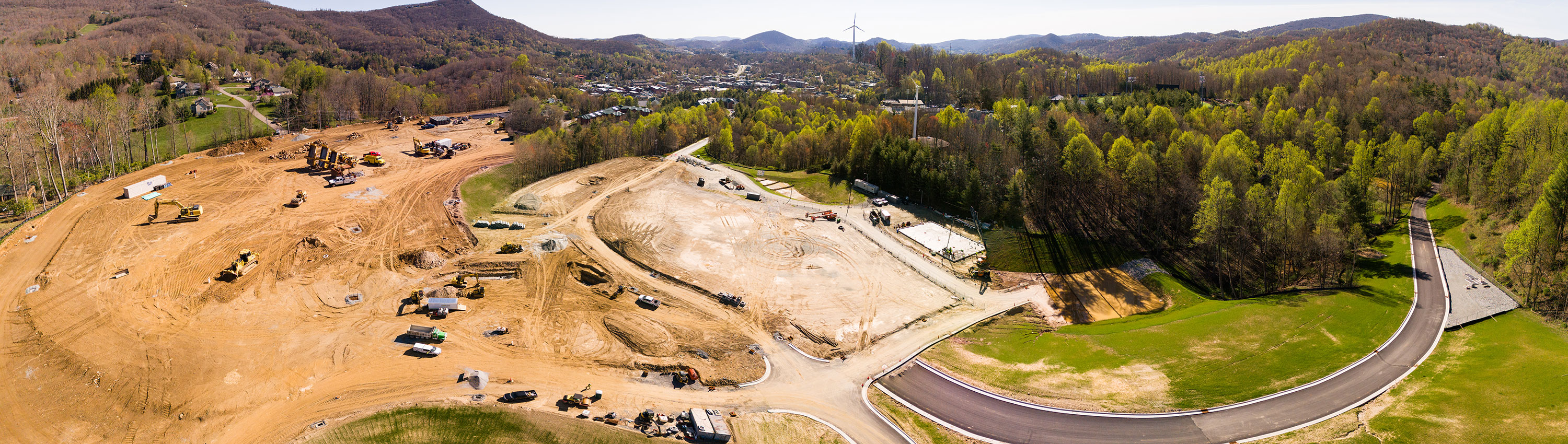 Phase 1 construction progress shown in this panoramic at App State’s Innovation District, as of April 23, 2024