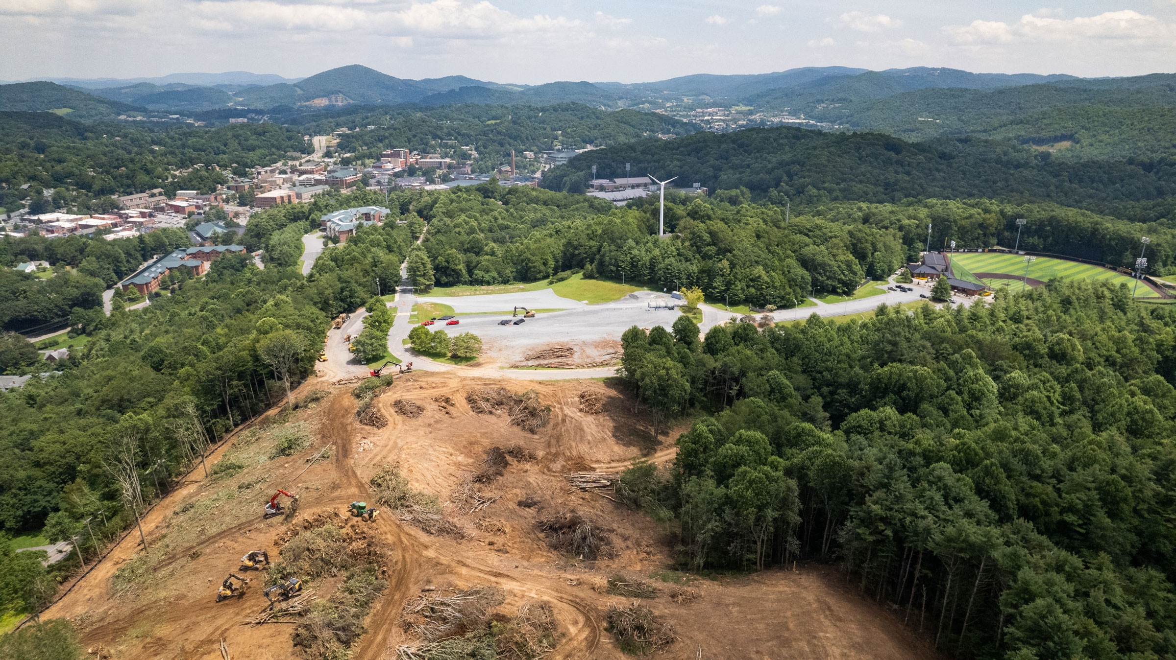 aerial photo shows the construction progress on the first phase of development for App State’s Innovation District.