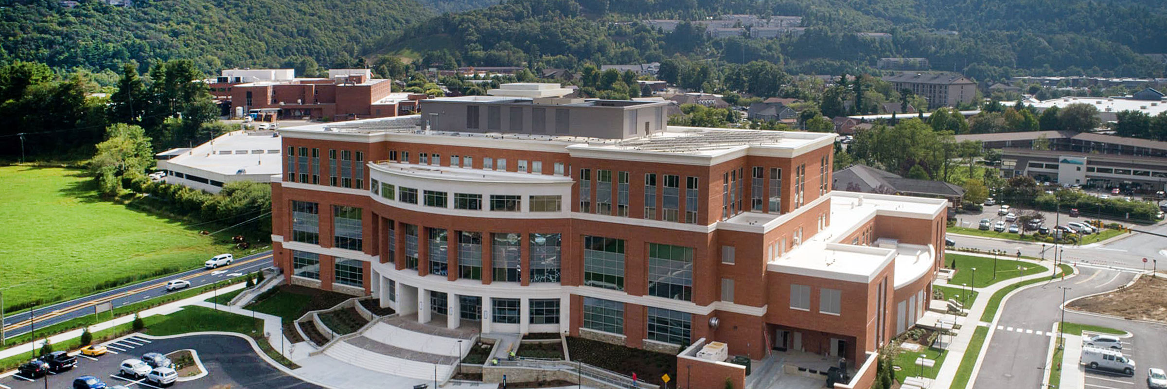 Drone shot of the front entrance of the Leon Levine Hall of Health Sciences.