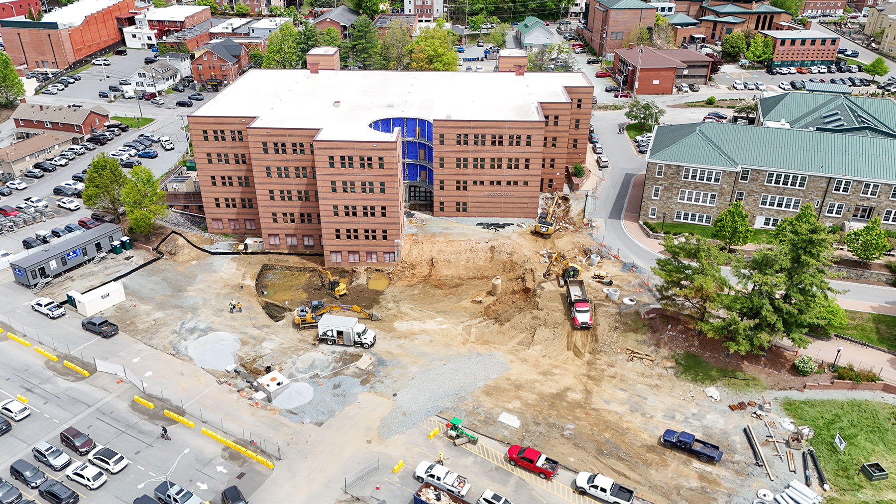 Aerial view of App State’s Boone campus on May 7, 2025, shows construction progress on the Peacock Hall addition, set to open fall 2026.