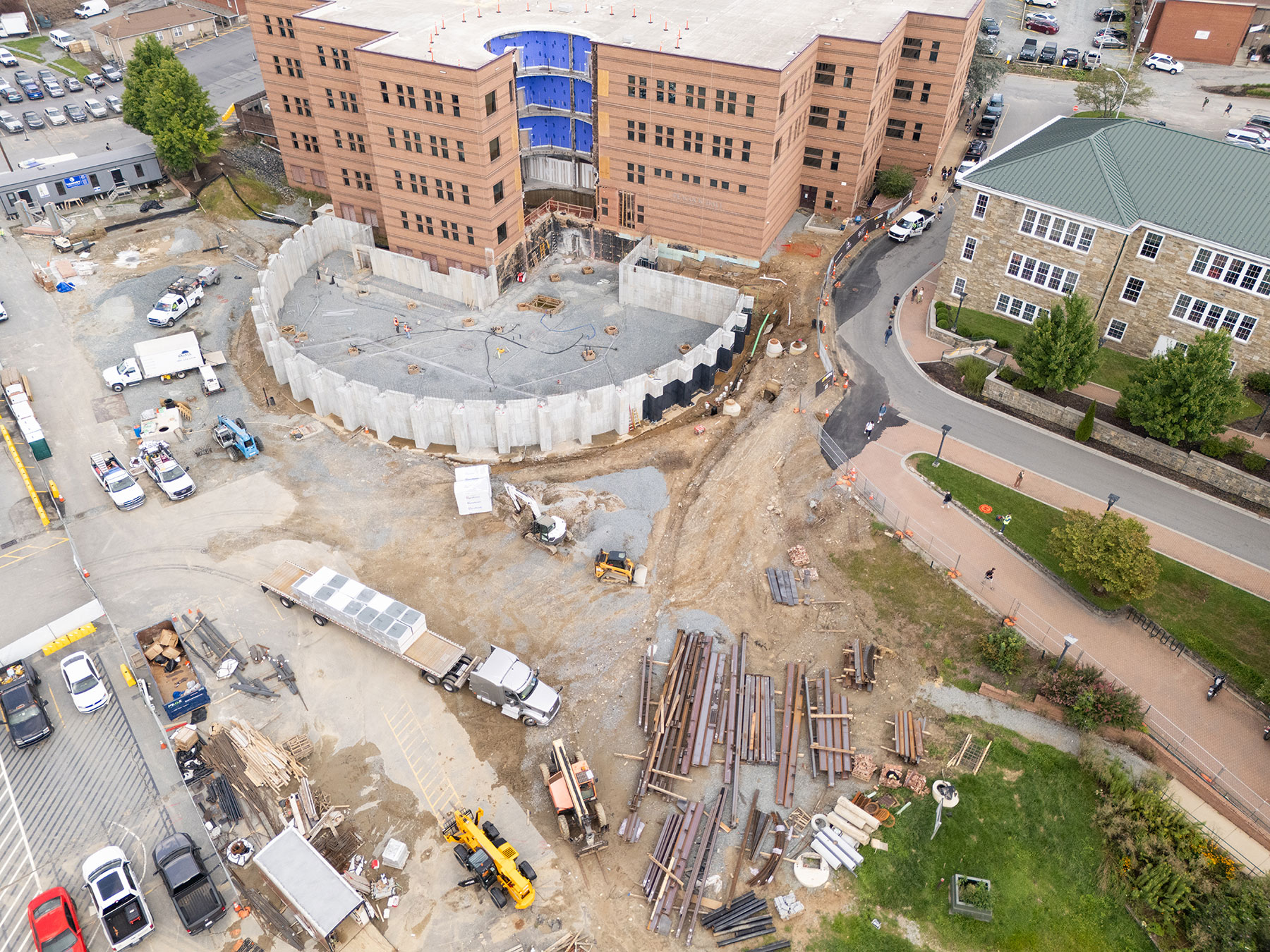 Aerial view of Peacock Hall construction at App State, showing progress as of August 2025.