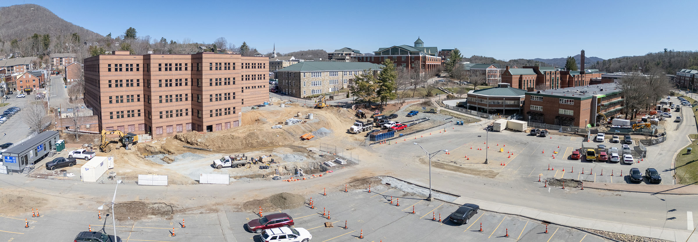 This panoramic photo shows Peacock Hall, at left, and Edwin Duncan Hall, at right — both of which are undergoing renovations