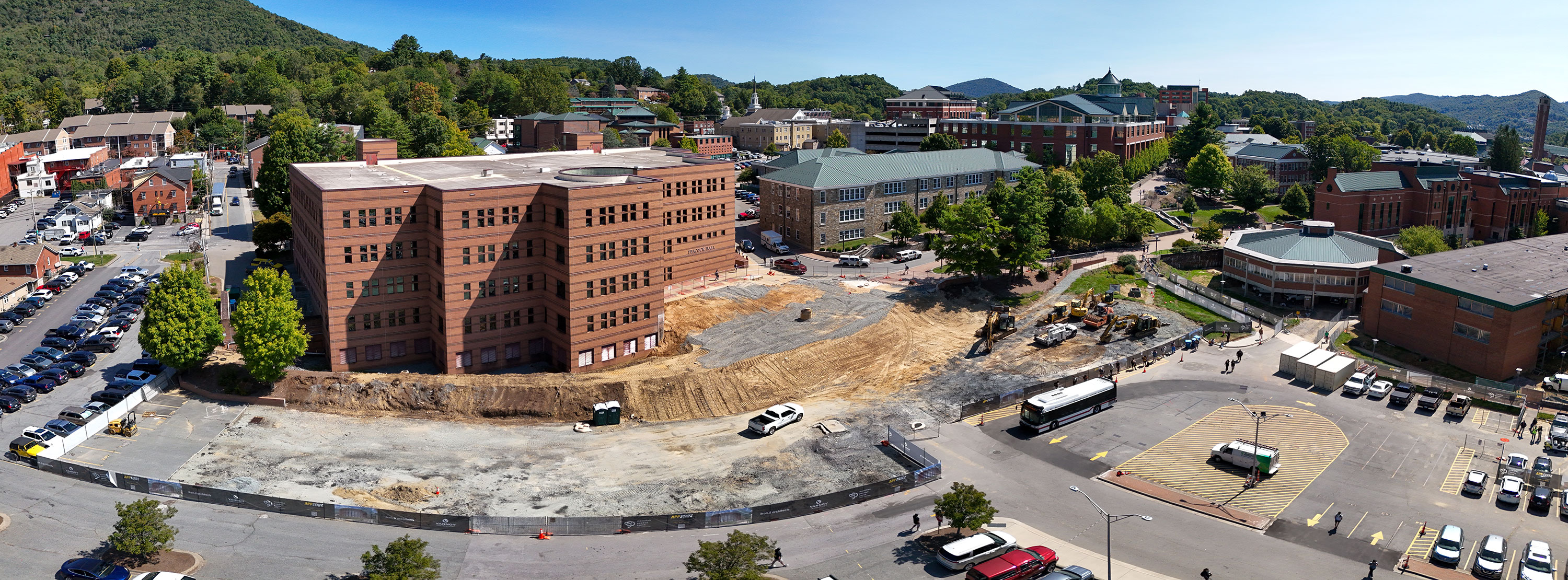 A panoramic view of construction progress for the Peacock Hall addition