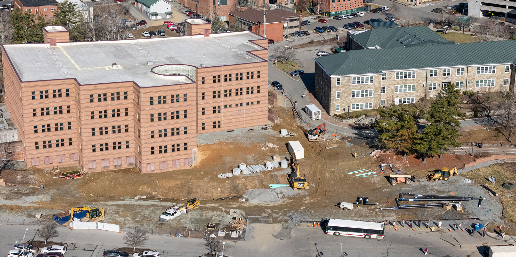 An aerial view of construction progress for the Peacock Hall addition/renovation project, Feb. 6, 2025
