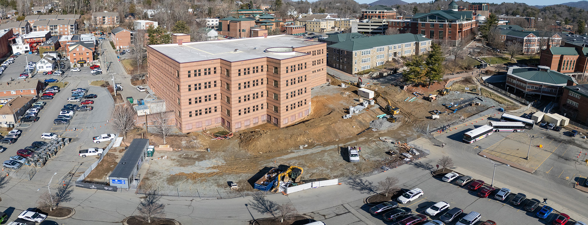 panoramic view of construction progress for the Peacock Hall addition/renovation project