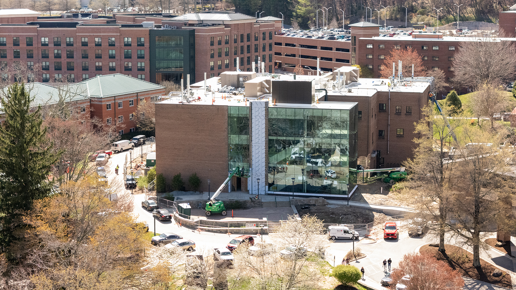 An aerial view of the renovation of Wey Hall which is approximately 85% complete