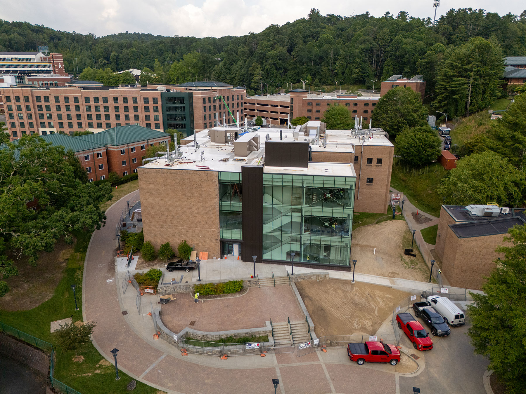 Aerial view of Wey Hall at App State with renovation nearing completion, July 2025.