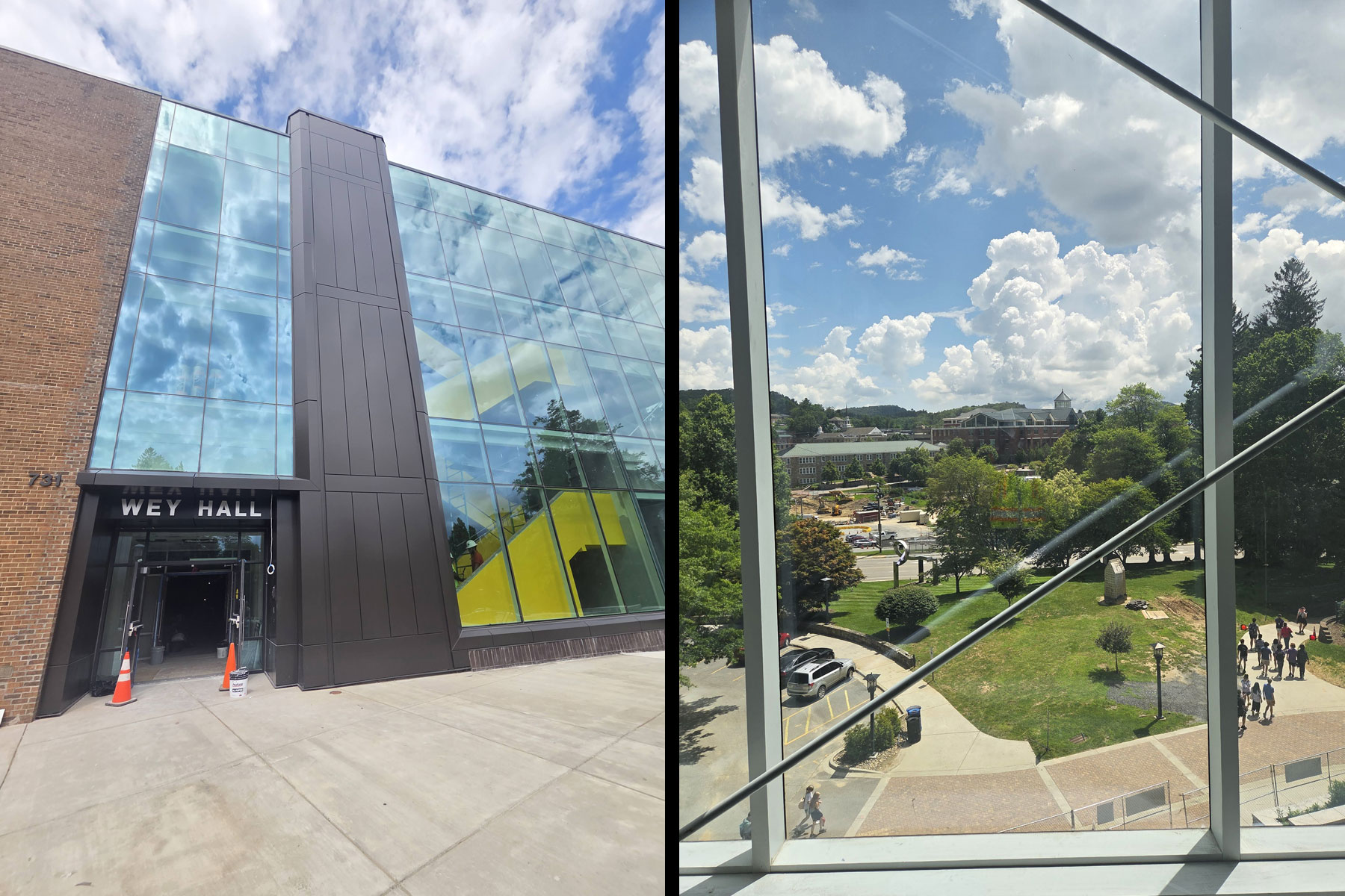 Wey Hall entrance with new signage (left) and interior view facing campus construction (right)