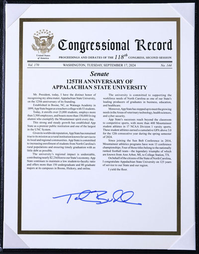 U.S. Sen. Ted Budd’s proclamation honoring the 125th anniversary of his alma mater, Appalachian State University. Photo by Chase Reynolds