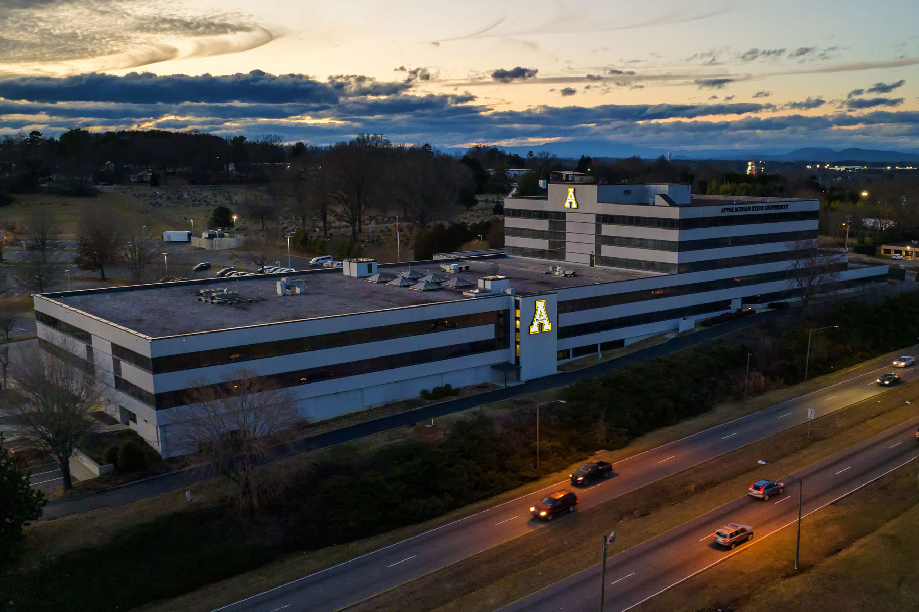 An evening view of App State’s Hickory campus