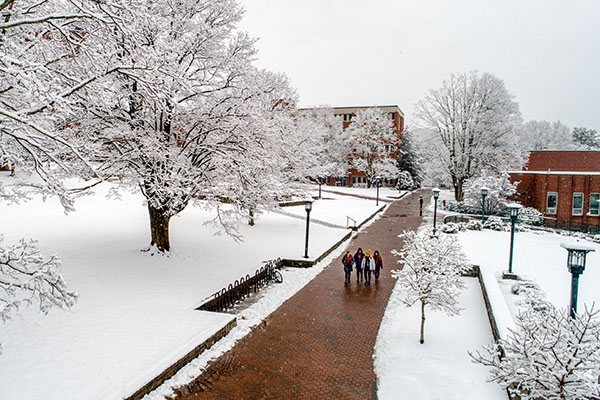 A winter snow blankets campus