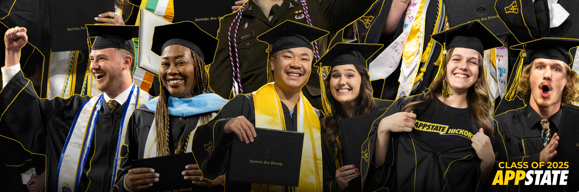 Collage of graduates in caps and gowns holding diplomas and wearing stoles at Appalachian State ceremony.