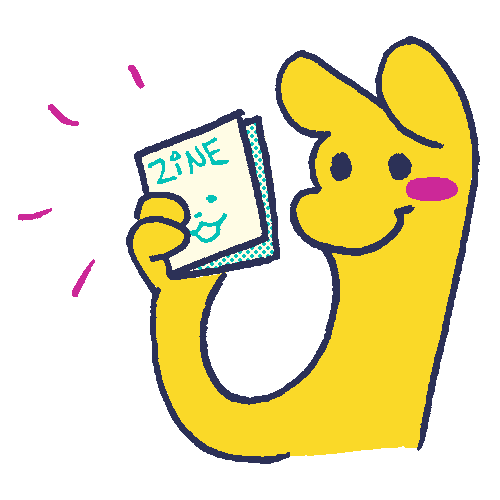 Critter holding a zine